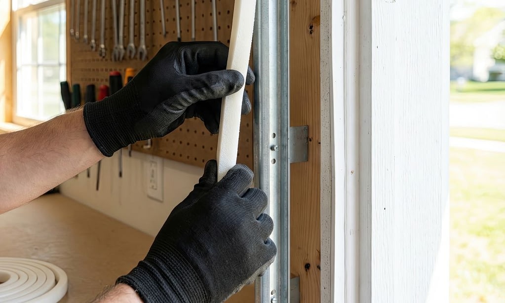 A person's hands in black gloves applying white foam weather