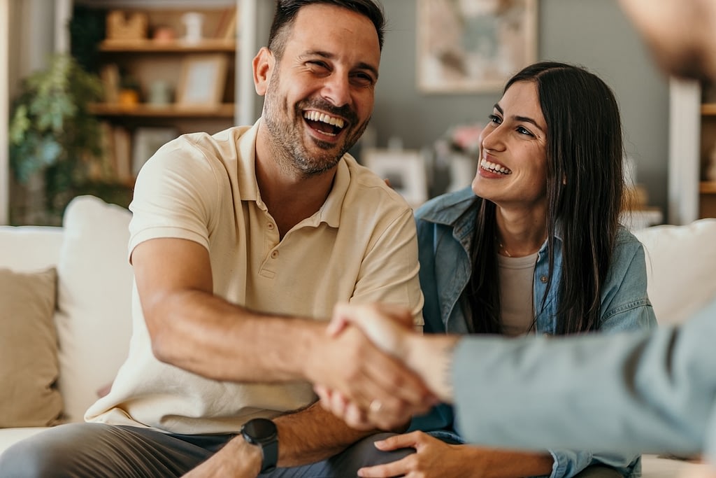 Young happy couple shaking hands with project contractor