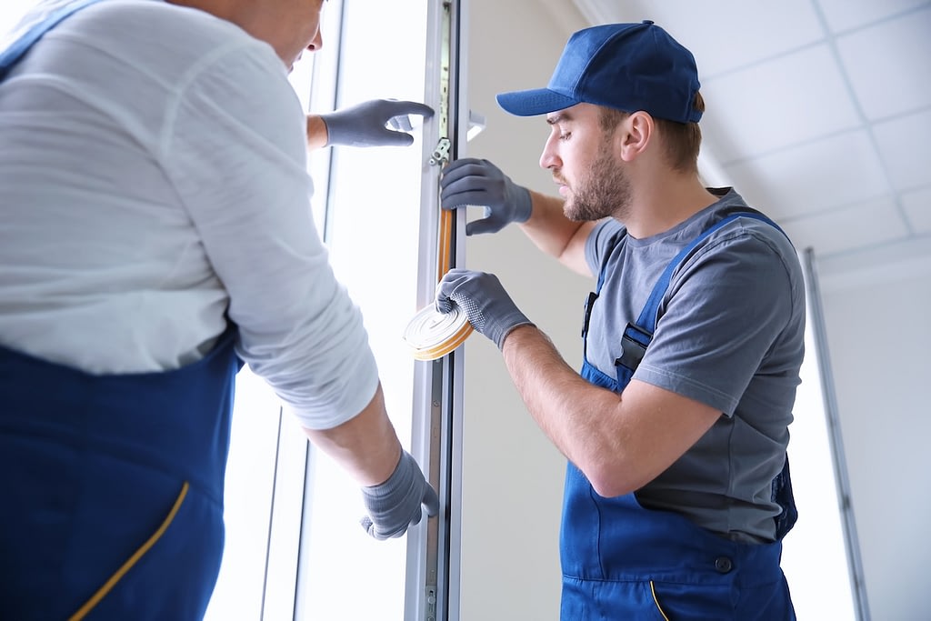 Construction worker with trainee installing weatherstrip