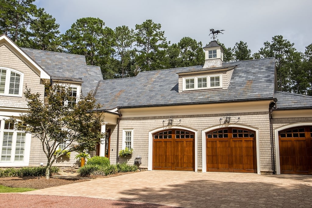 Stained wooden garage doors
