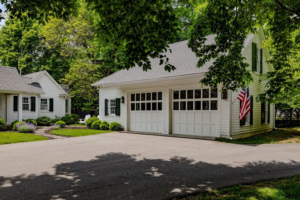 two white carriage garage doors