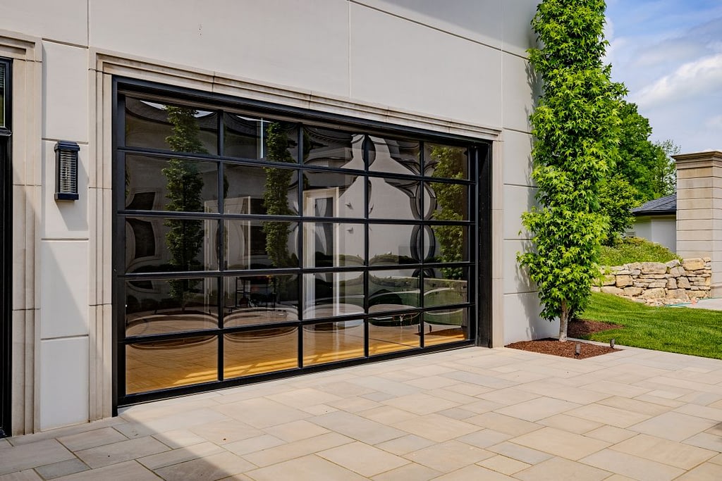 Black aluminum garage door with glass panels