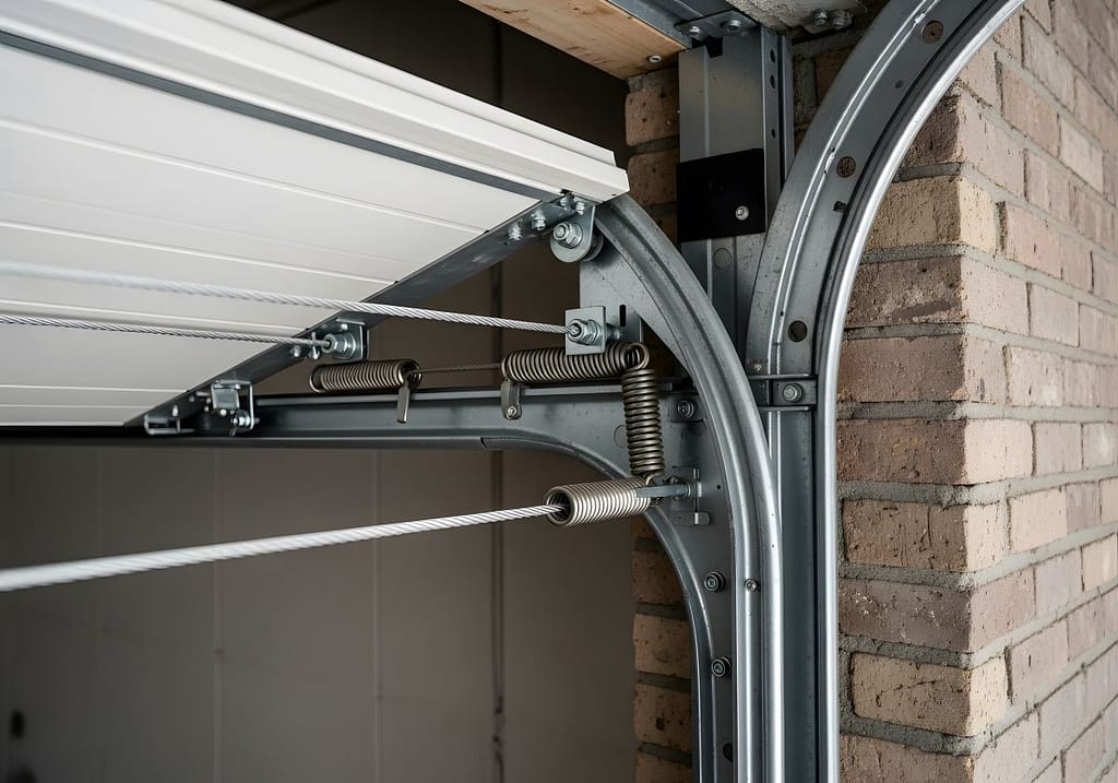 Garage door track and roller system with springs and cables
