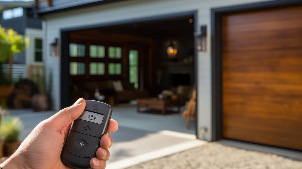 A hand holds a remote control in front of a modern house featuring an open garage door, operated by a LiftMaster garage door opener, with a furnished interior visible inside.