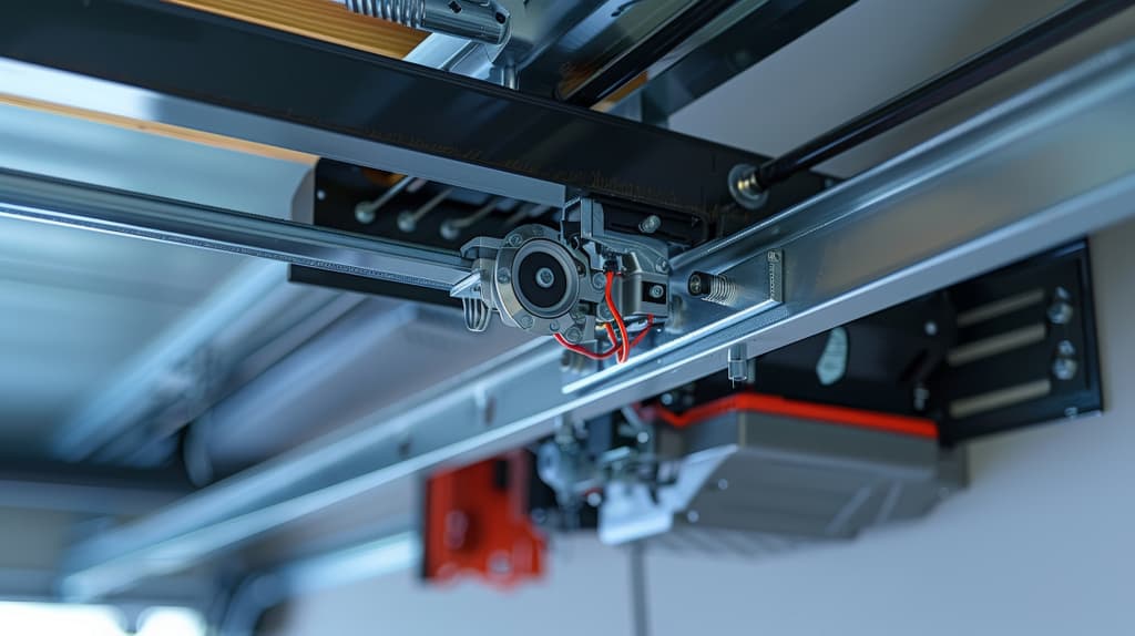 Close-up view of a garage door opener mechanism, including a metal track, pulley system, attached motor unit, and easy-access panel for garage door opener battery replacement.