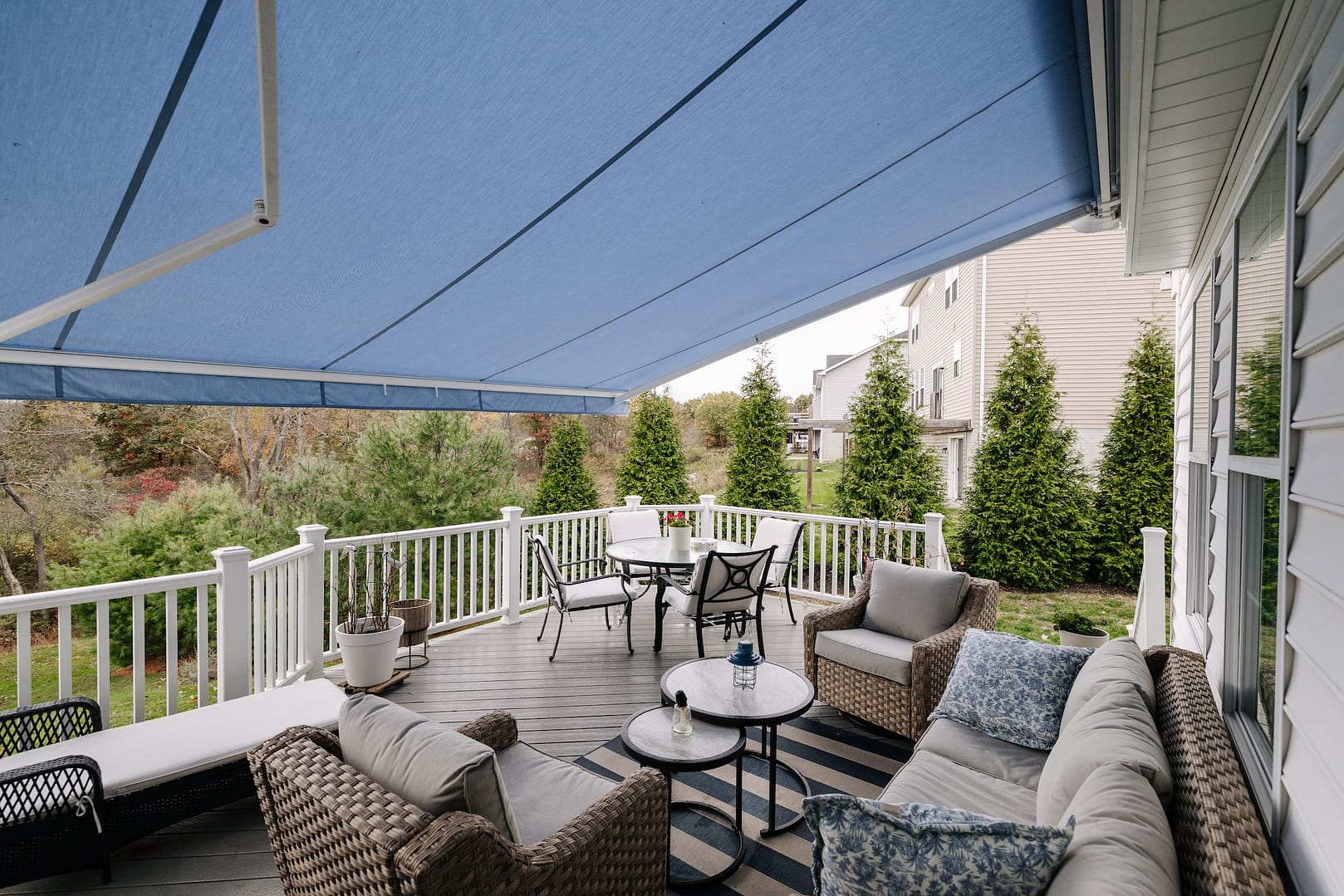 blue awning over deck