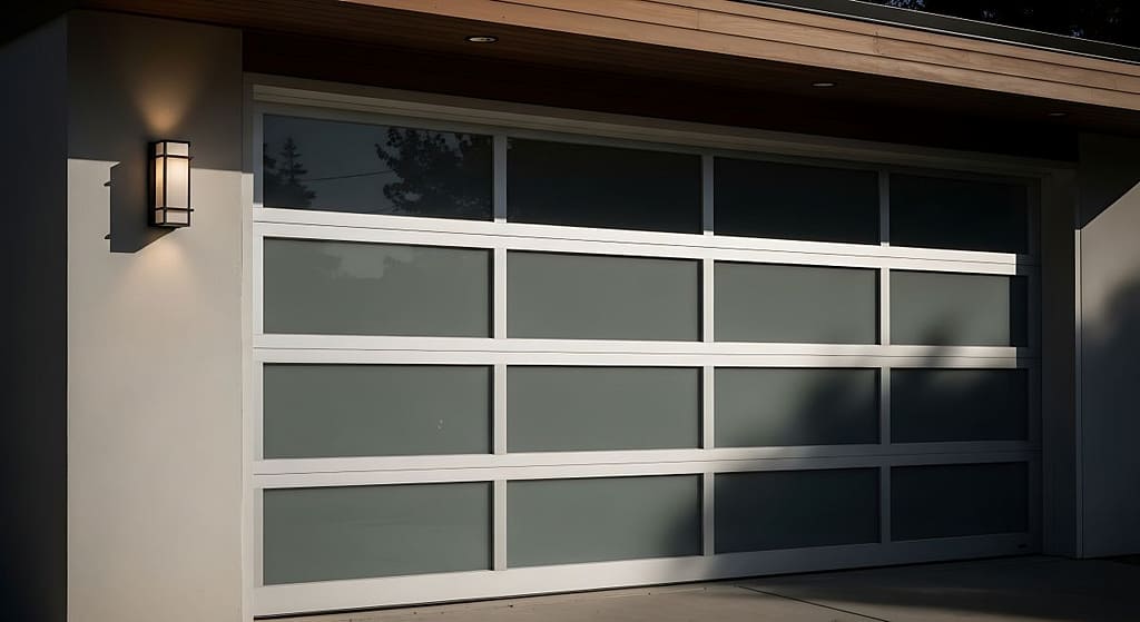 Contemporary house exterior featuring a modern glass panel garage door