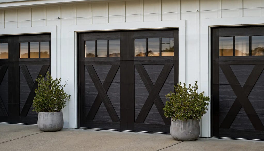 black garage door with three divisions