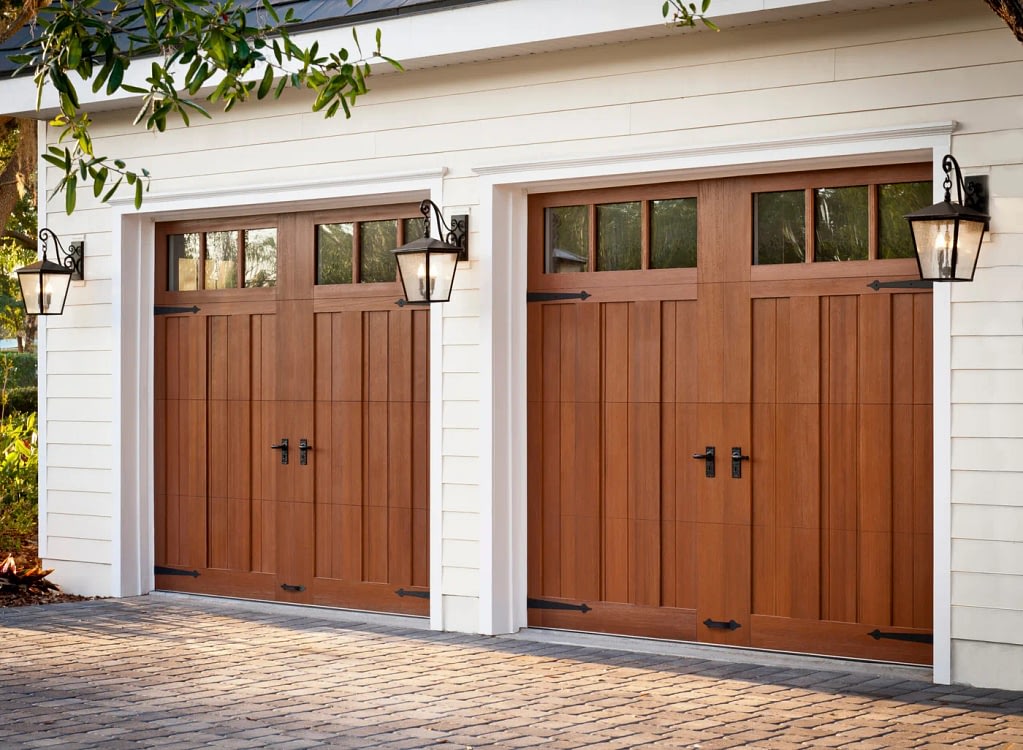 close up of garage door repair on wood garage doors